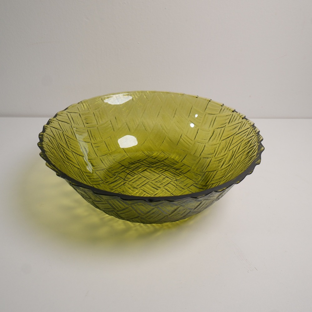 Vintage Avocado Green Indiana Glass Serving Bowl 8.5" MCM Basketweave Glass